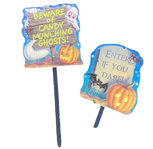 Vintage Yard Art Impact Plastics Spooky Halloween Pumpkin Ghosts Signs Set Decor - Picture 1 of 11